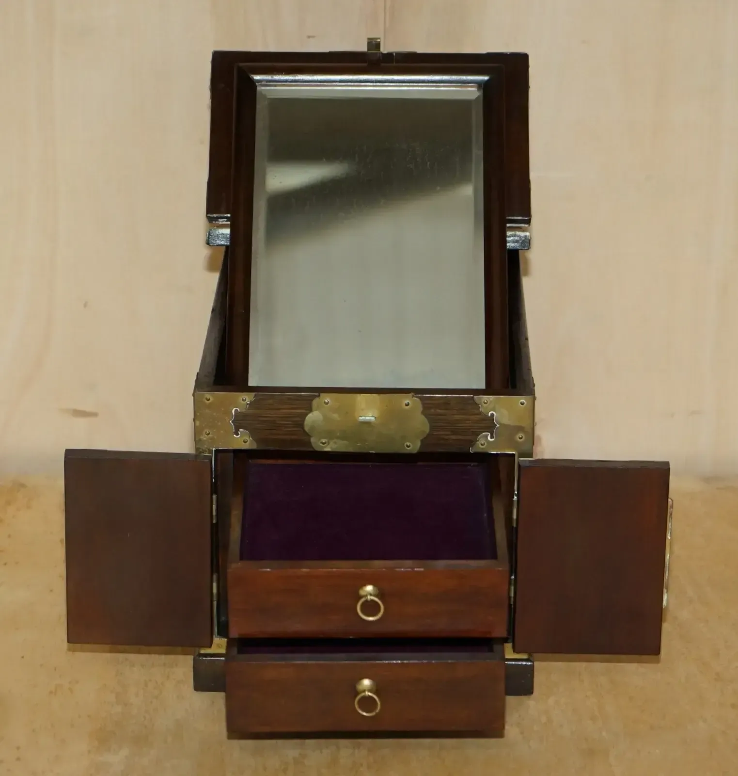 Pair Of Antique Chinese Table Top Vanity Jewellery Box Cabinets Folding Mirrors photo vintage