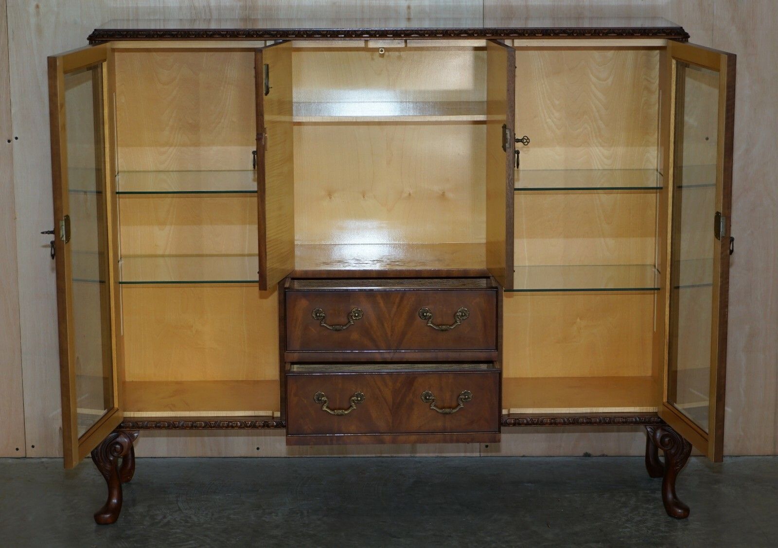 Vintage Circa 1940's Flamed Mahogany & Satinwood Sideboard Display Cabinet Table photo vintage