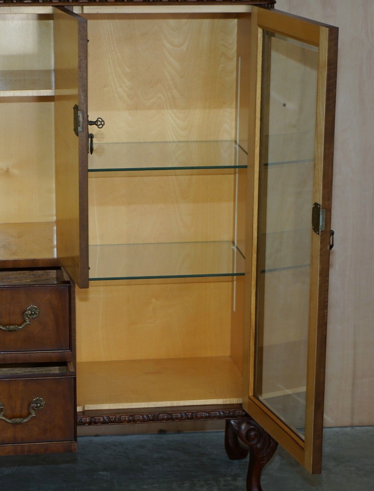photo for sale Vintage Circa 1940's Flamed Mahogany & Satinwood Sideboard Display Cabinet Table