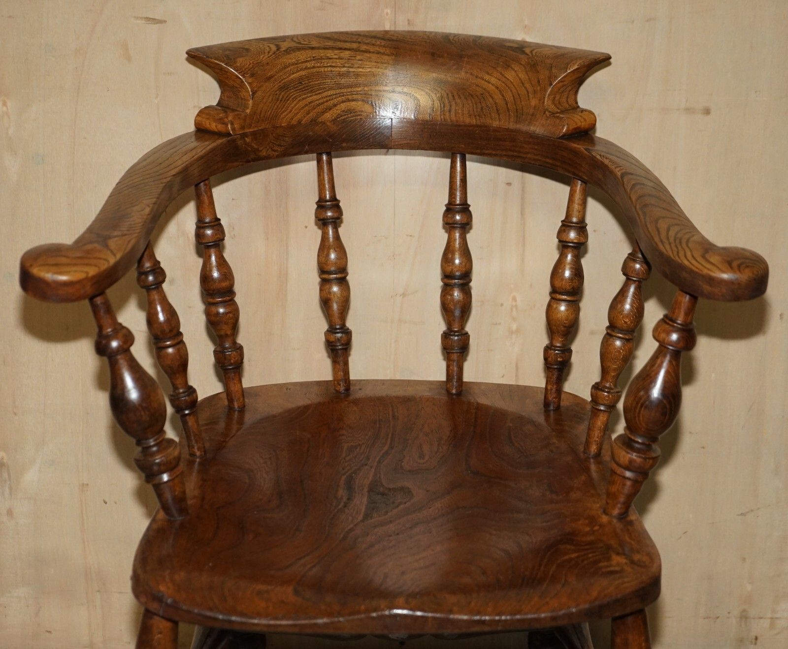 Stunning Patina Antique Edwardian Sold Elm Bow Back Smokers Captains Armchair photo for sale