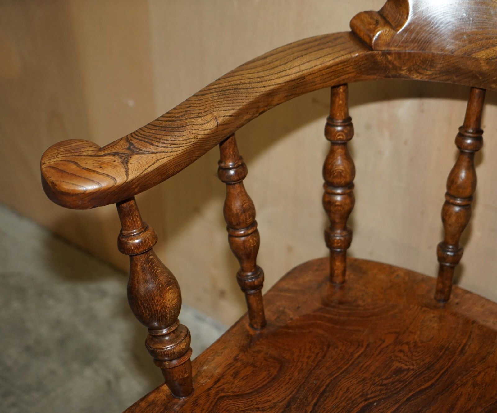 Stunning Patina Antique Edwardian Sold Elm Bow Back Smokers Captains Armchair photo vinterior