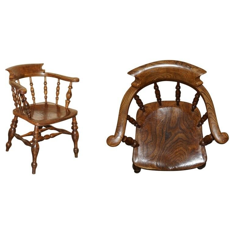 Decorative Patina Antique Edwardian Sold Elm Bow Back Smokers Captains Armchair