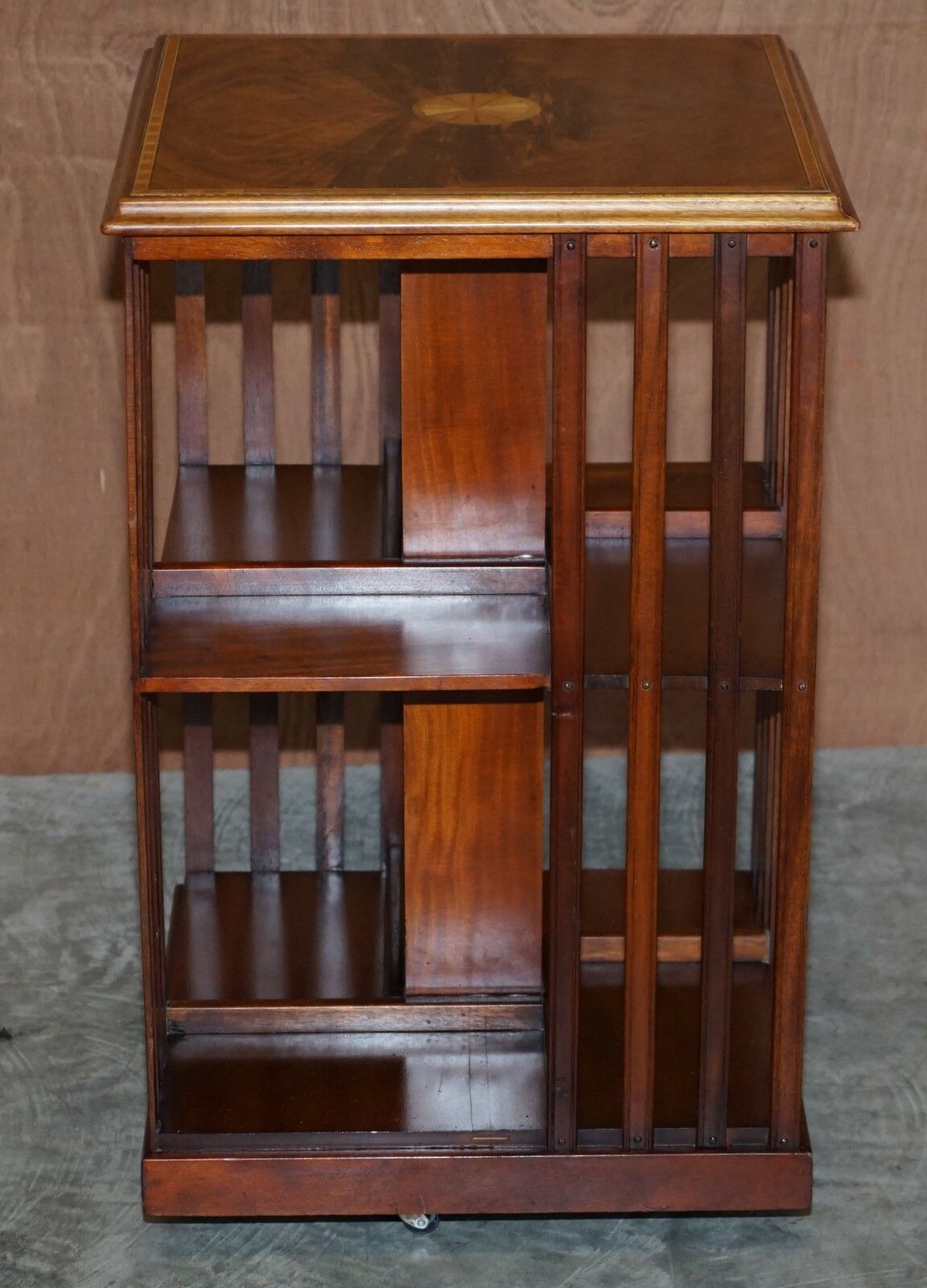 Antique Sheraton Revival Mahogany & Satinwood Revolving Bookcase Side End Table photo vinterior