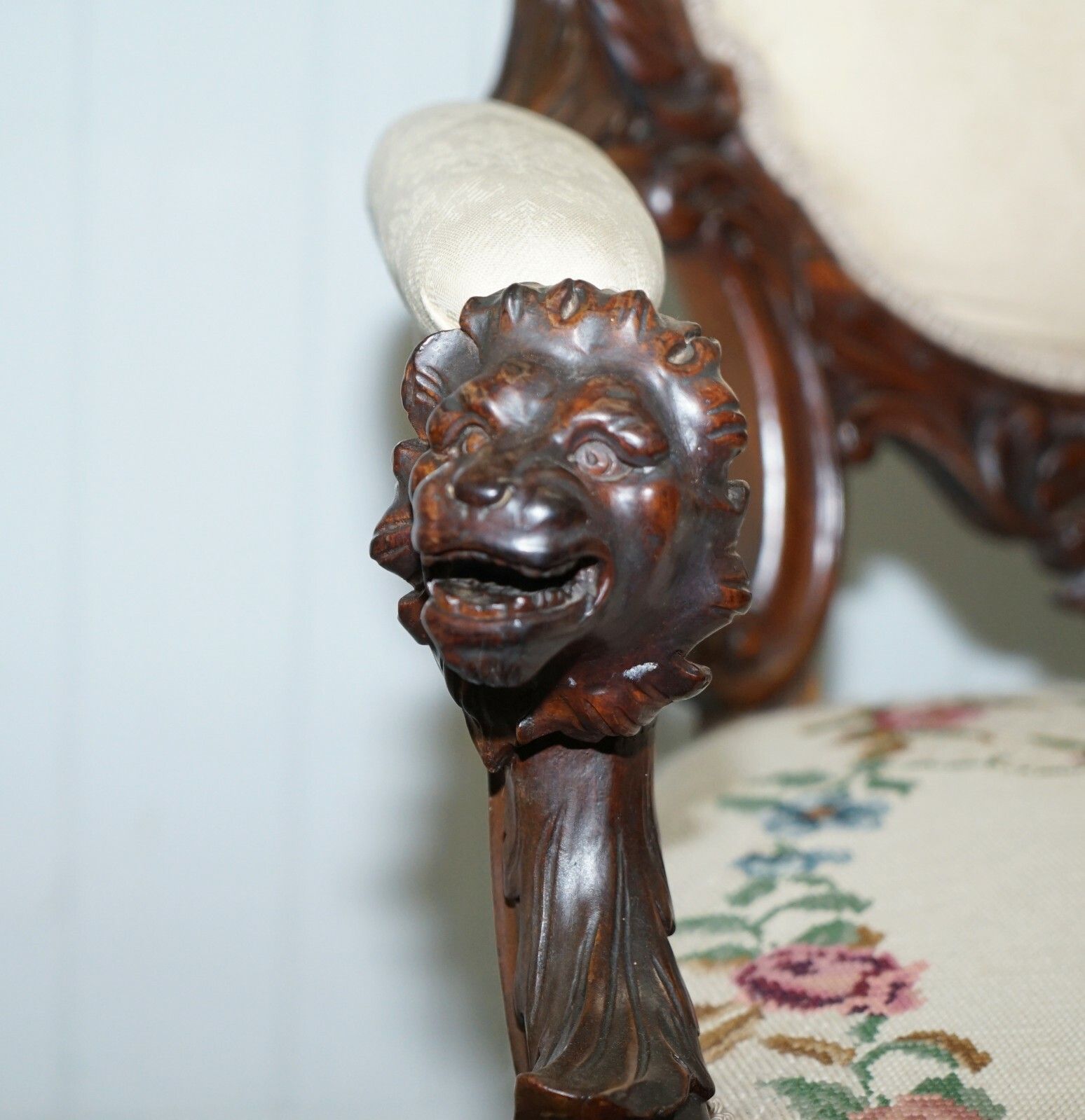 Victorian Show Frame Lion Carved Walnut Salon Armchair Embroidered Upholstery photo buy