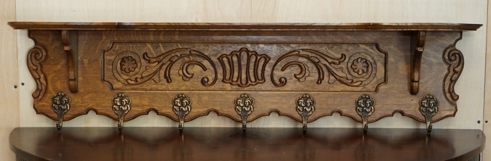Antique Dutch Heavily Carved Oak Coat Hat Scarf Wall Rack Hanger Romantic Hooks photo furniture