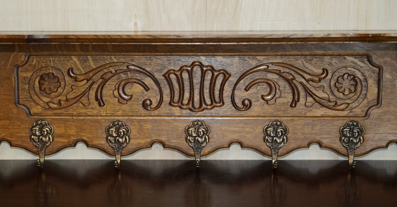 Antique Dutch Heavily Carved Oak Coat Hat Scarf Wall Rack Hanger Romantic Hooks photo for sale