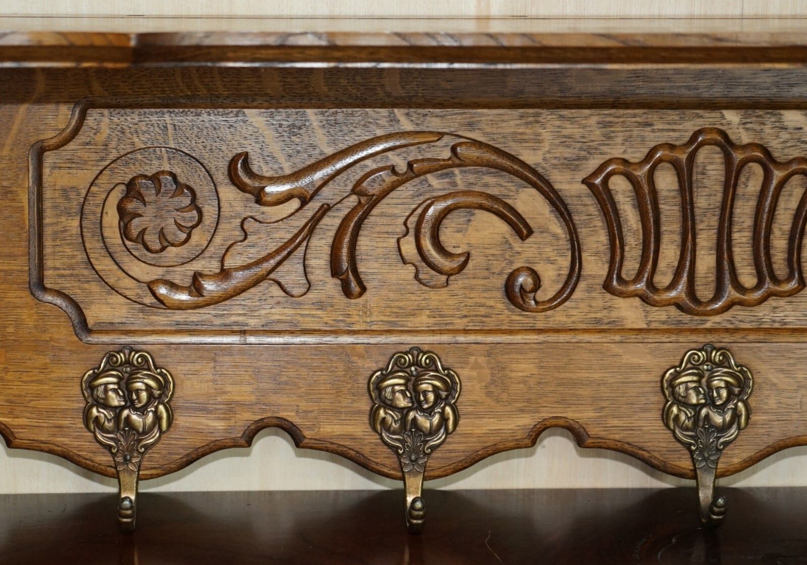 Antique Dutch Heavily Carved Oak Coat Hat Scarf Wall Rack Hanger Romantic Hooks photo Furniture