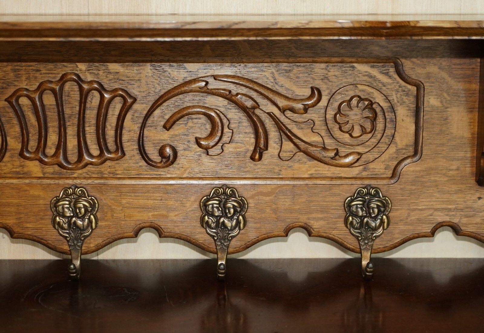 Antique Dutch Heavily Carved Oak Coat Hat Scarf Wall Rack Hanger Romantic Hooks photo vinterior