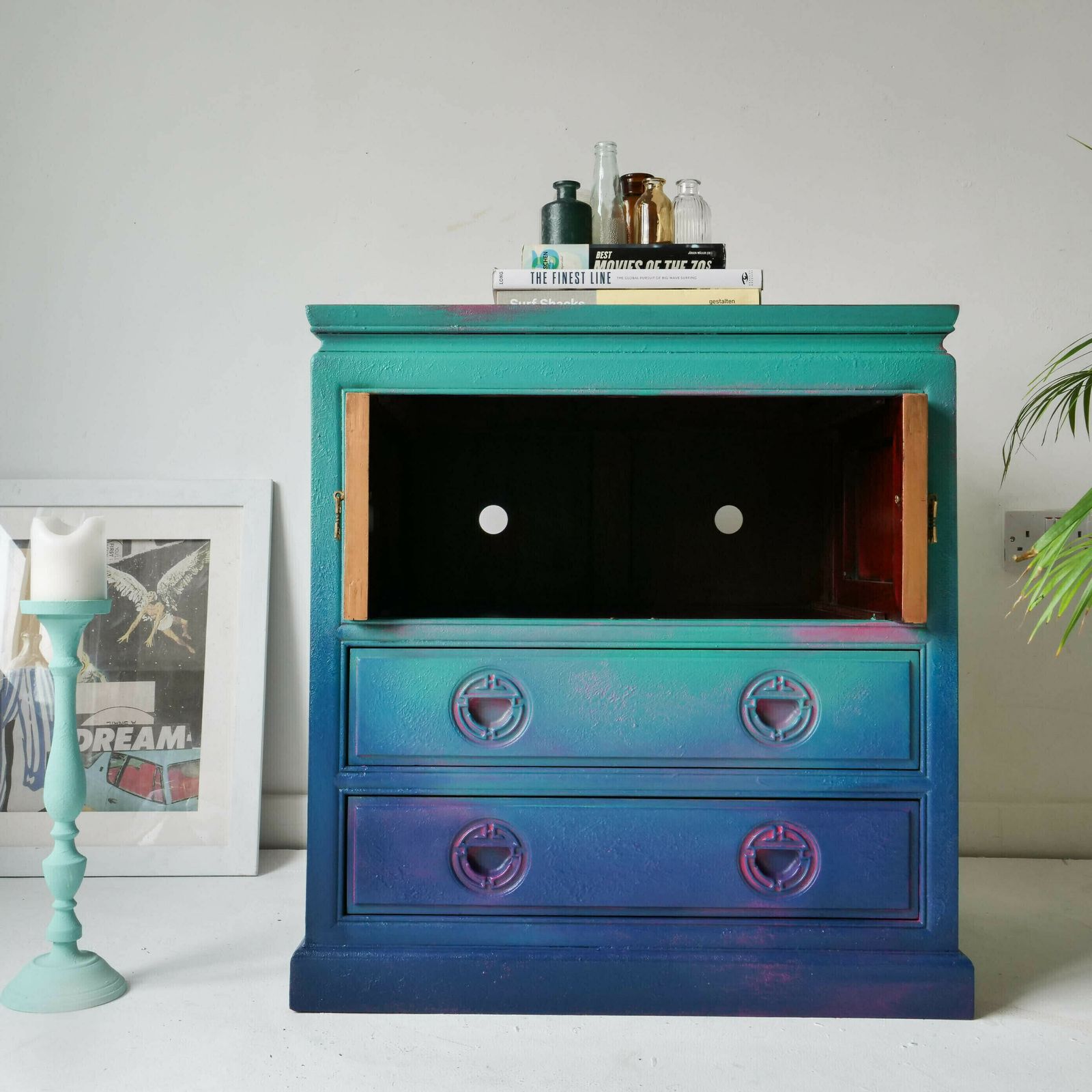 Bohemian Tv Stand Cabinet  Hand Painted  Livingroom Furniture Bedroom  Blue  Green  Pink  Bespoke  Peacock  Teal Boho photo for sale