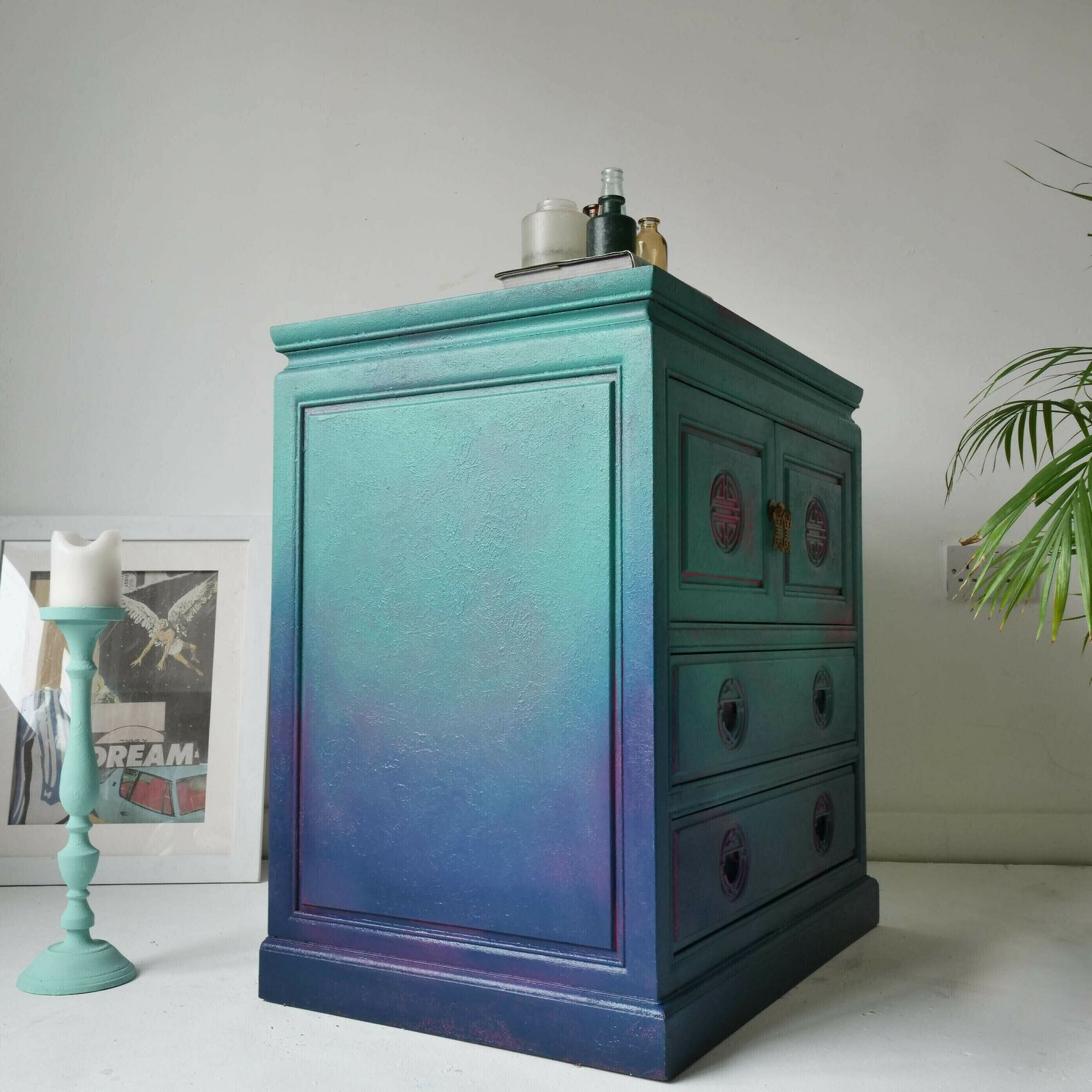 297.0 Bohemian Tv Stand Cabinet  Hand Painted  Livingroom Furniture Bedroom  Blue  Green  Pink  Bespoke  Peacock  Teal Boho photo
