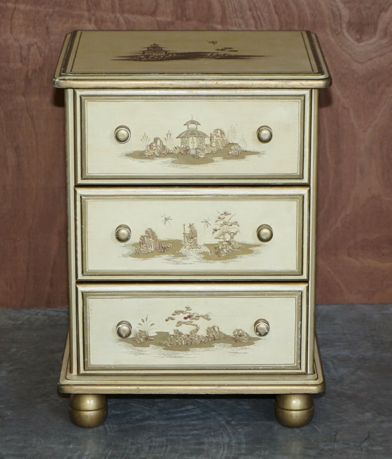 Pair Of Vintage Oriental Chinese Cream & Gold Leaf Painted Bedside Table Drawers photo for sale