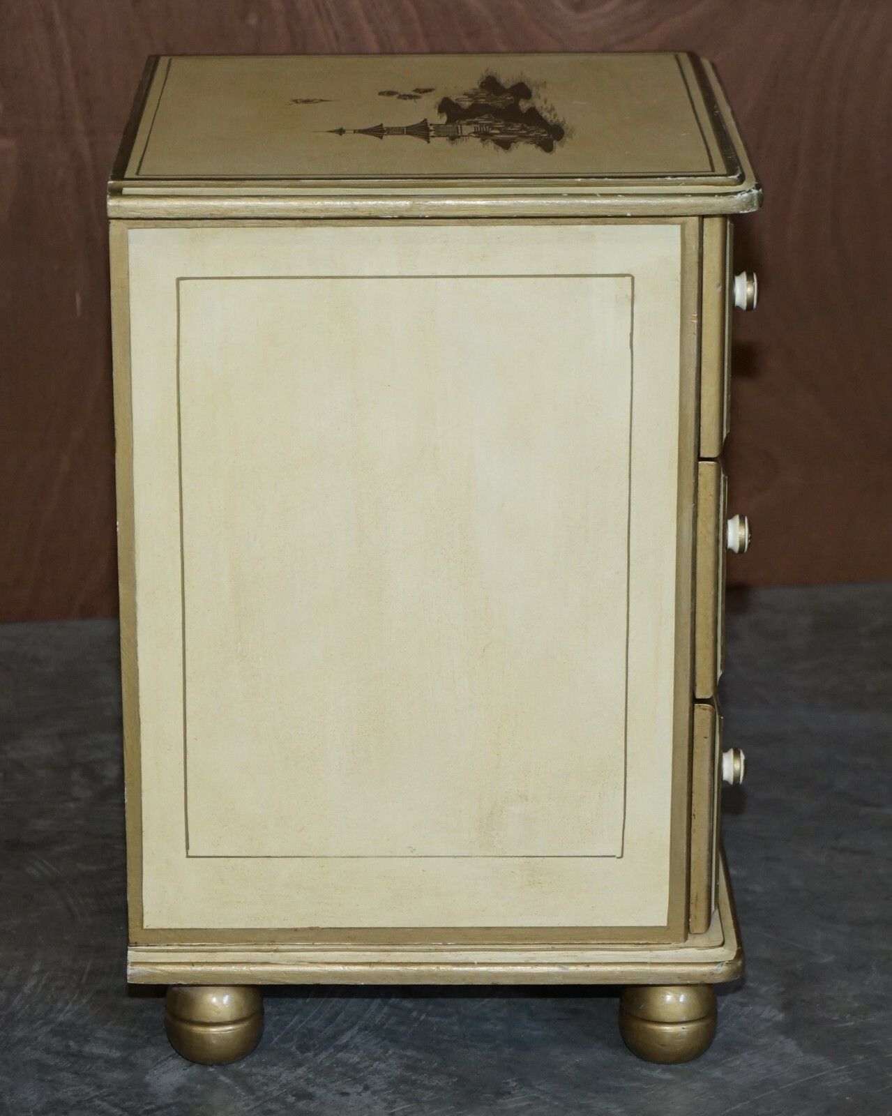 Pair Of Vintage Oriental Chinese Cream & Gold Leaf Painted Bedside Table Drawers photo 1350.0