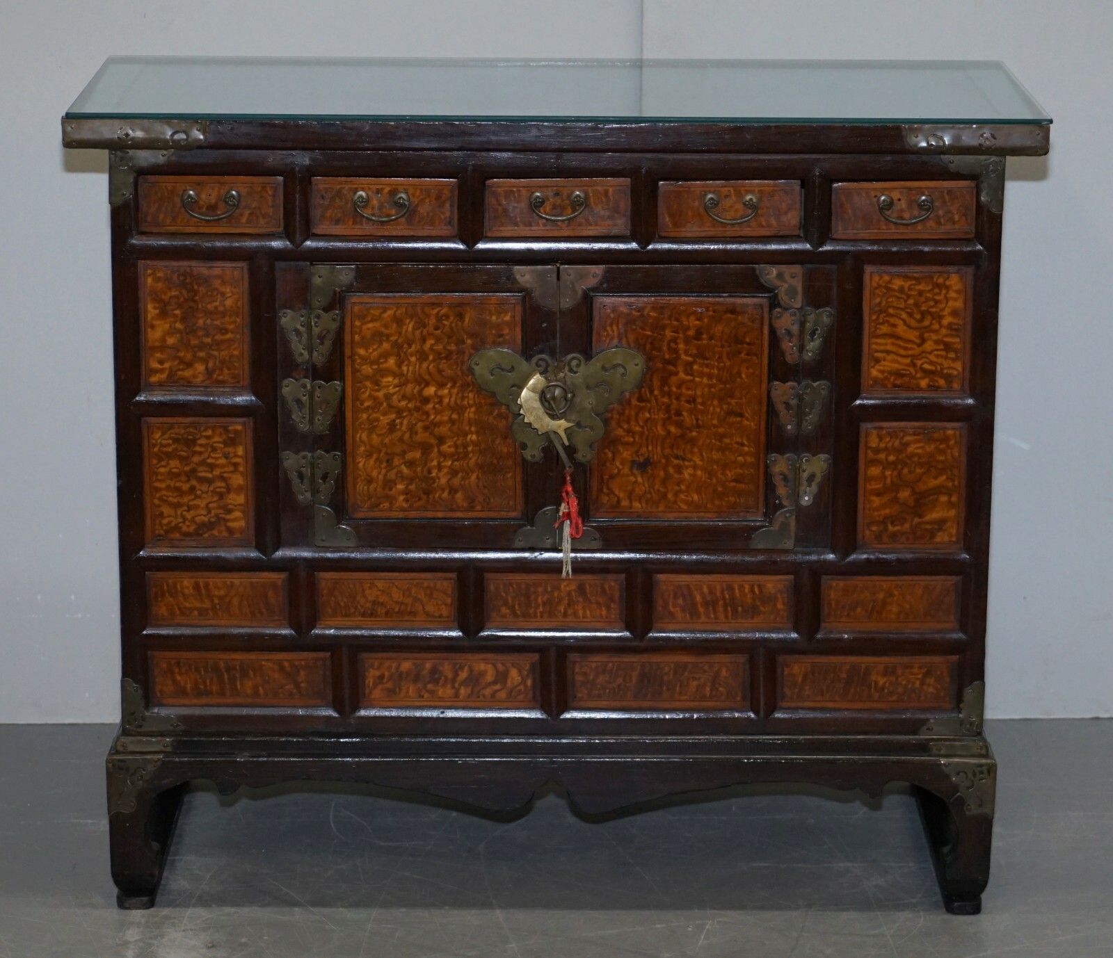 Antique Circa 1900 Chinese Export Burr Elm & Brass Engraved Sideboard Butterfly photo furniture