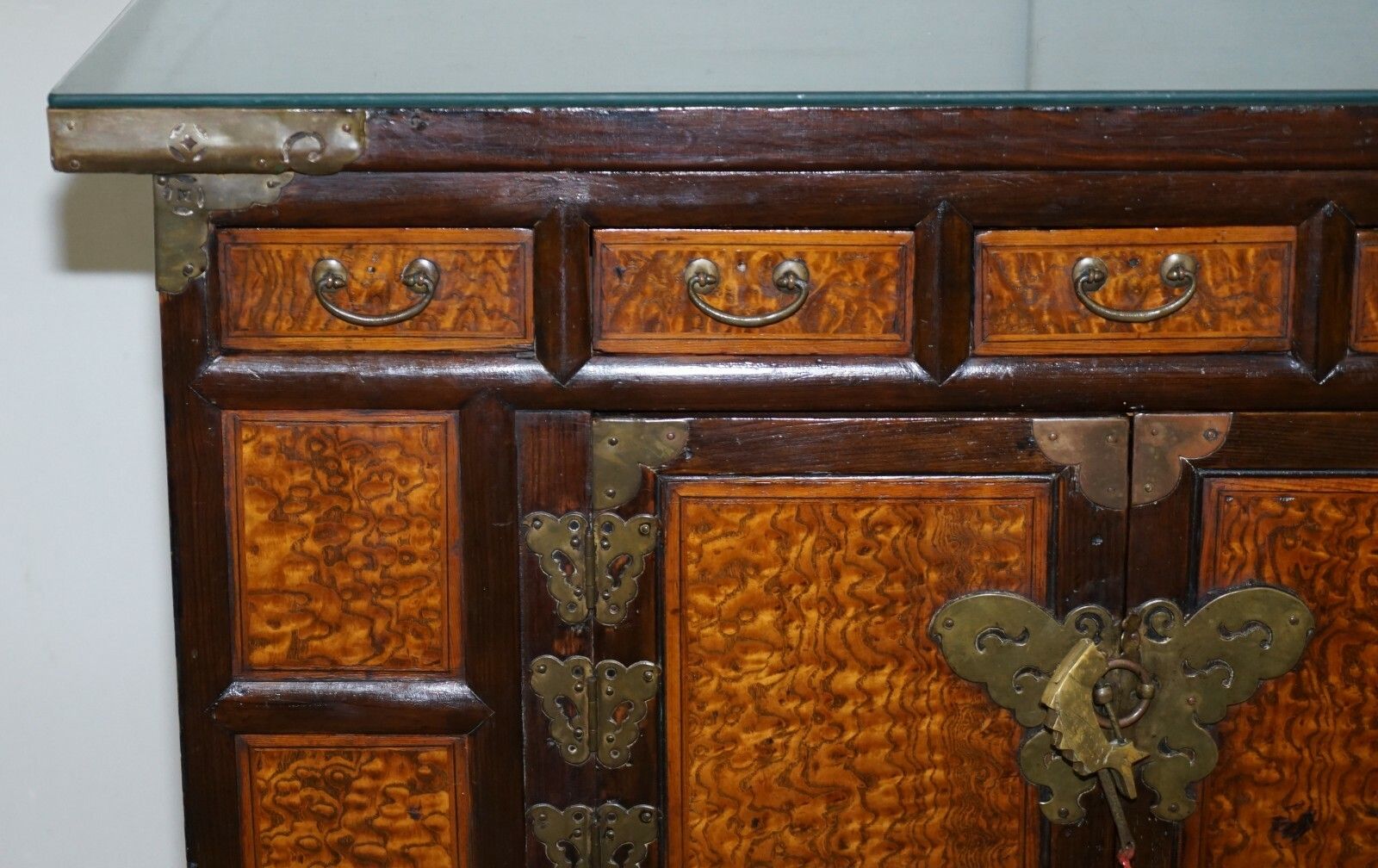 Antique Circa 1900 Chinese Export Burr Elm & Brass Engraved Sideboard Butterfly photo for sale