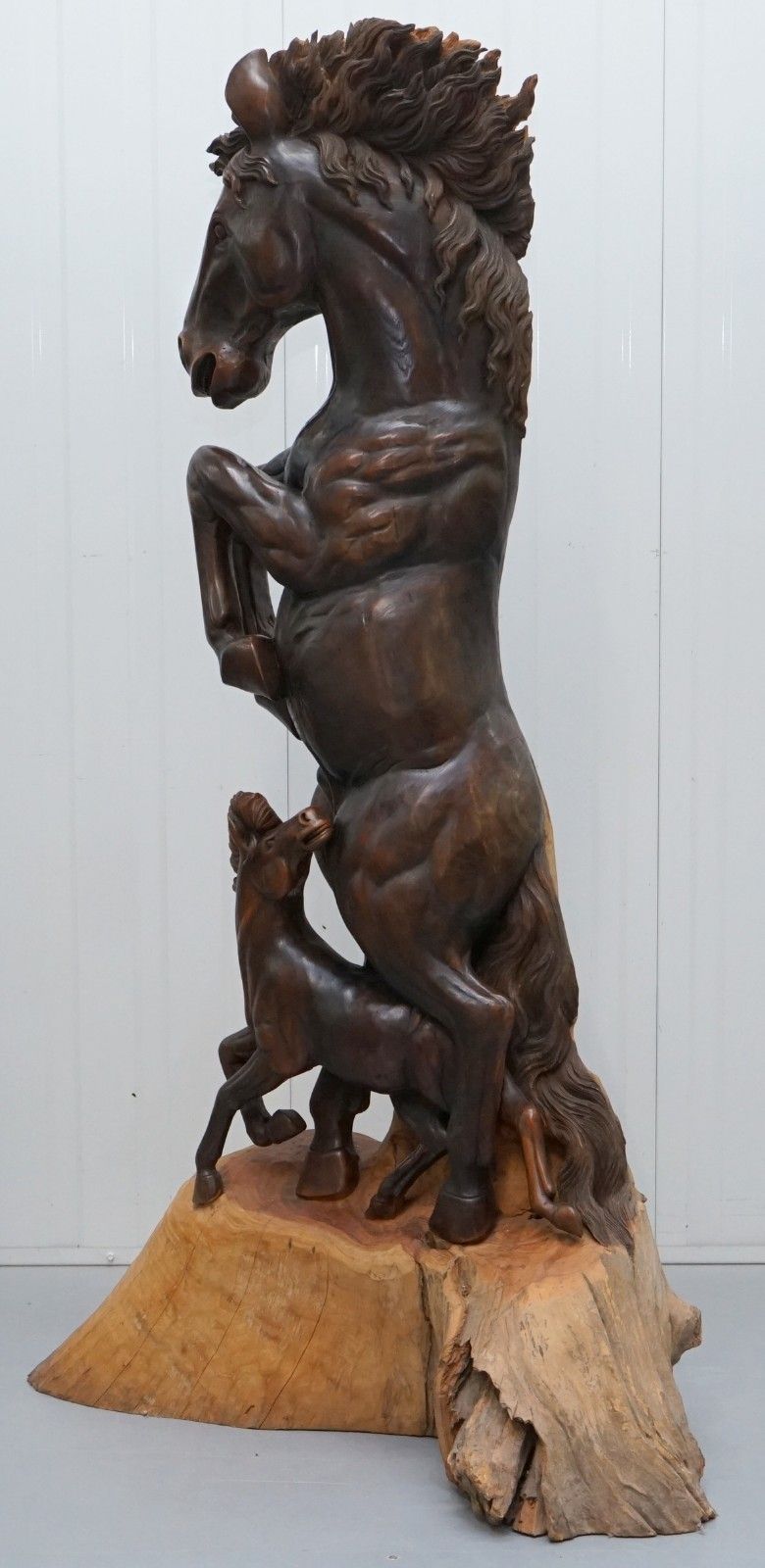 Stunning 160cm Tall Hand Carved Sculpture Of Rearing Horse And Foal Must See! photo for sale