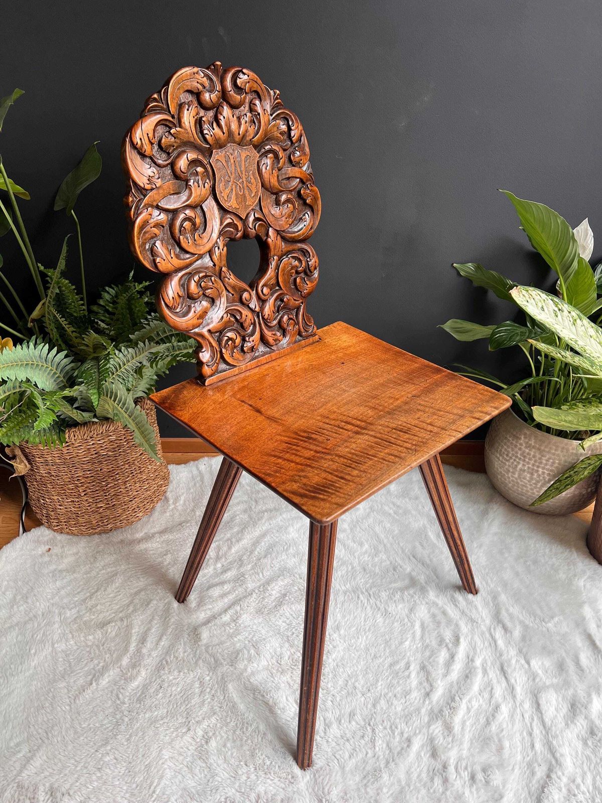 Antique Swiss Hand Carved Tyrolean Chair | Castle Core Folk Art Escabelle | Medieval Dark Academia Furniture | Elegant Halloween Decor