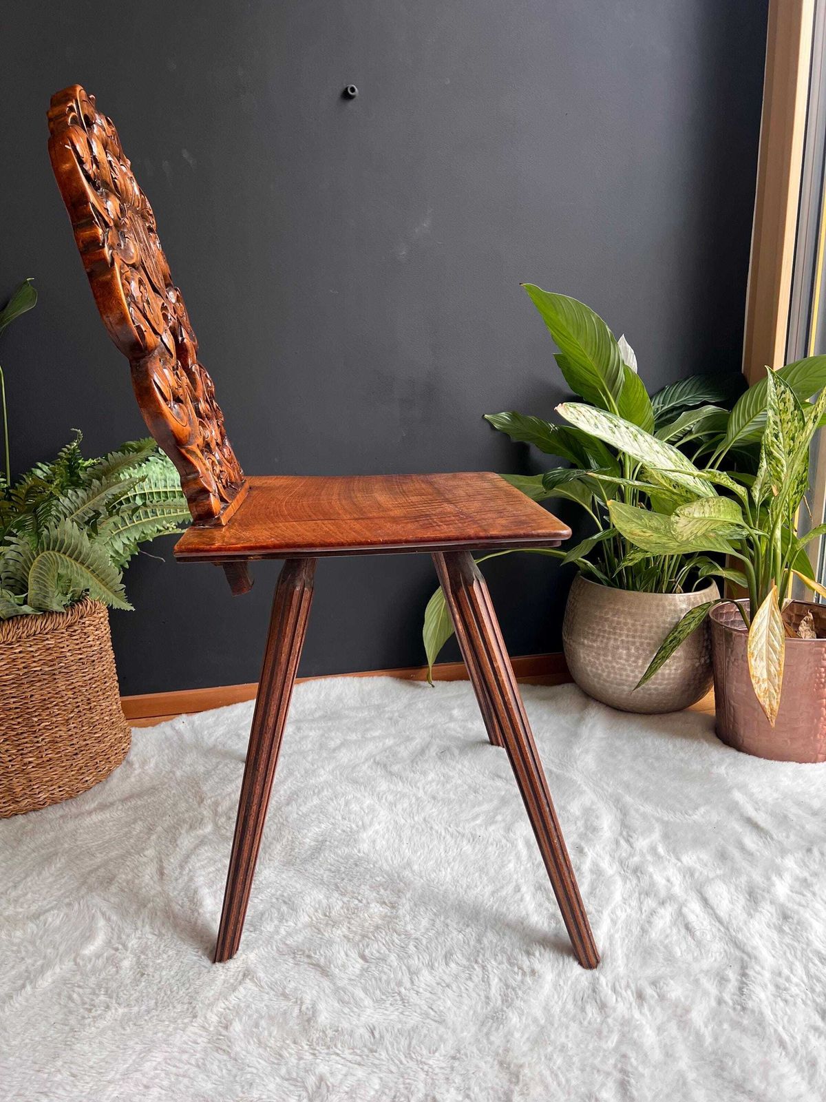 Antique Swiss Hand Carved Tyrolean Chair | Castle Core Folk Art Escabelle | Medieval Dark Academia Furniture | Elegant Halloween Decor photo 1163.0