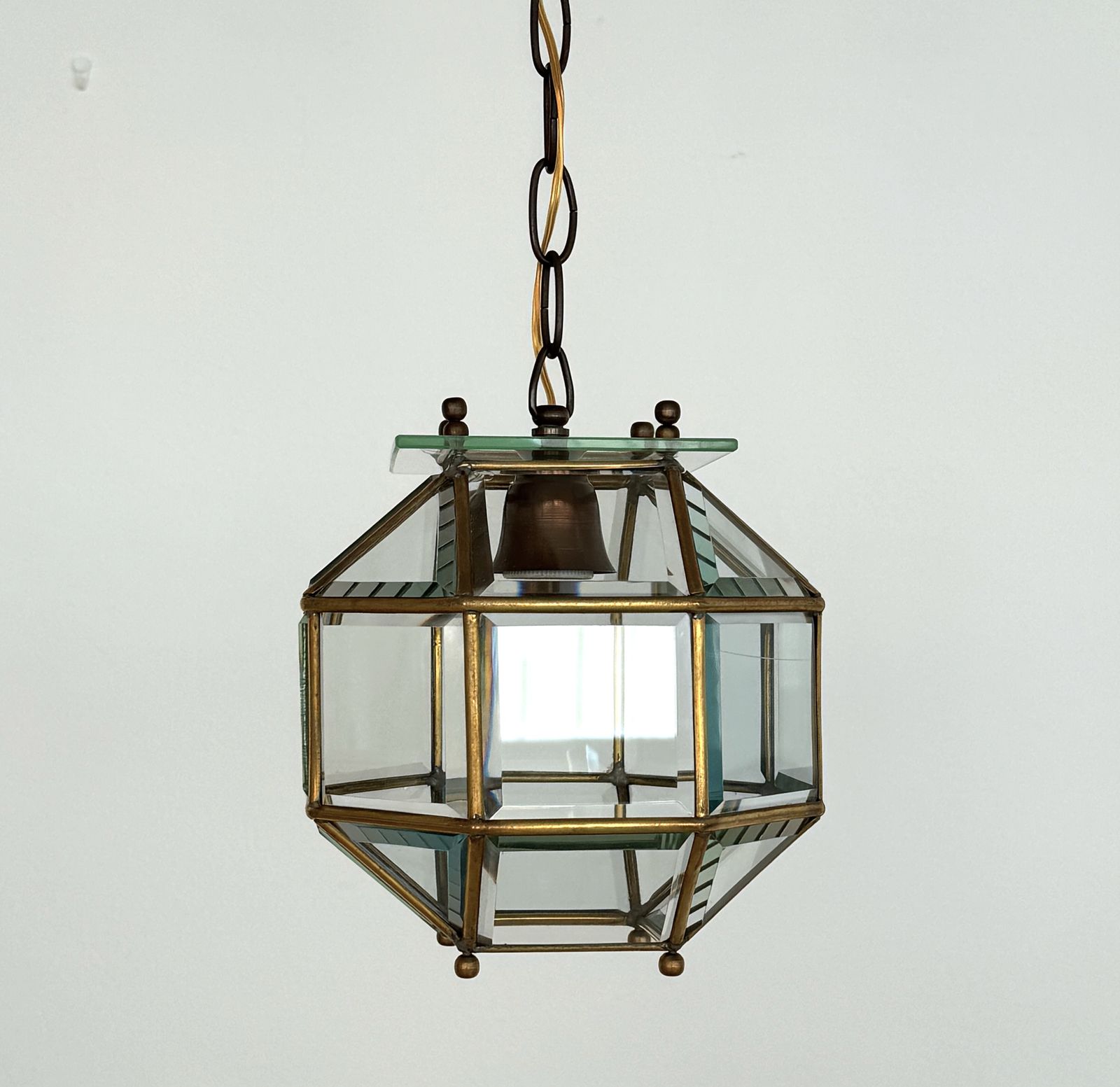 Italian Midcentury Brass And Cut Glass Lantern Or Pendant Lamp, 1960s photo buy