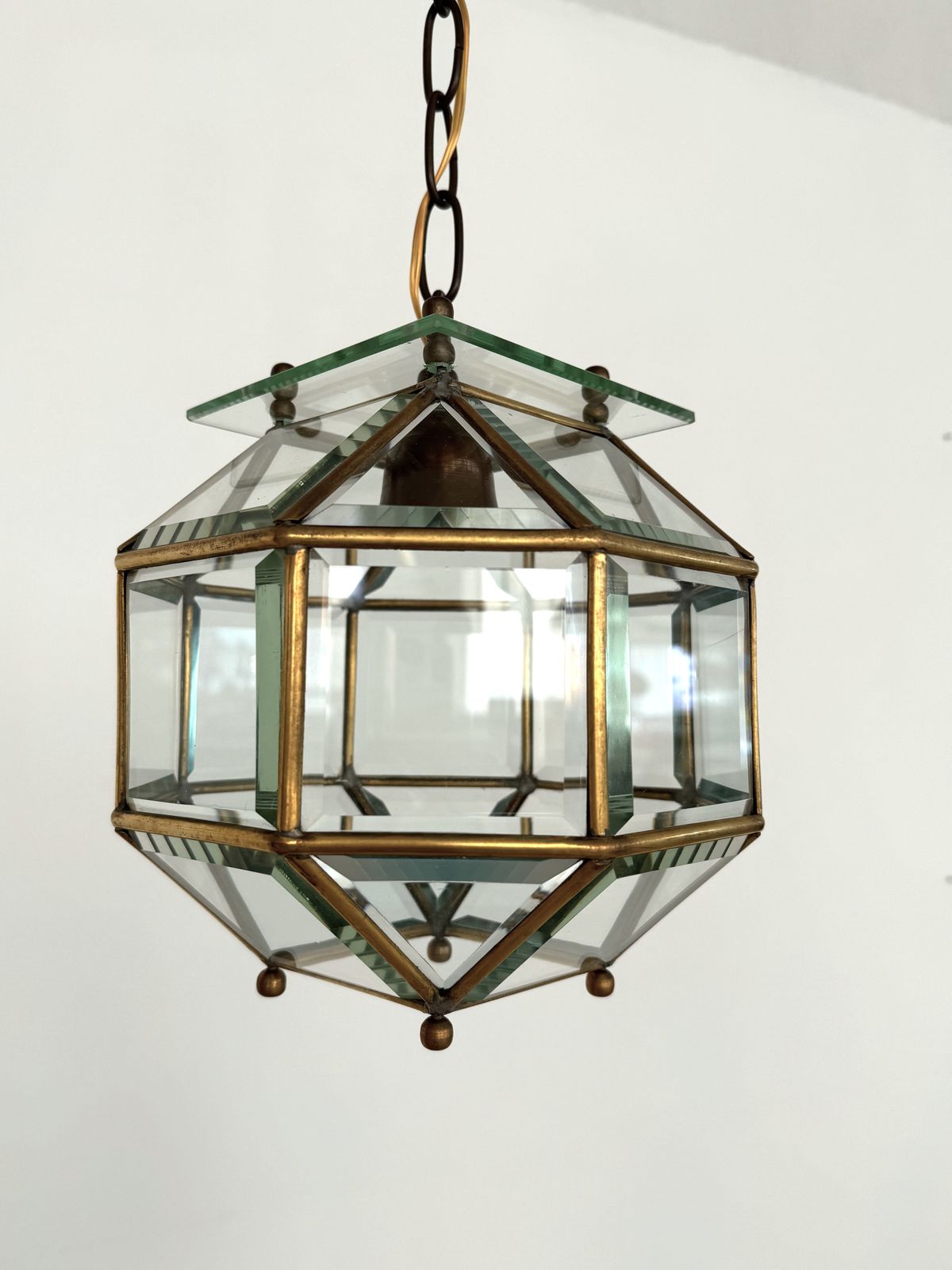 photo for sale Italian Midcentury Brass And Cut Glass Lantern Or Pendant Lamp, 1960s