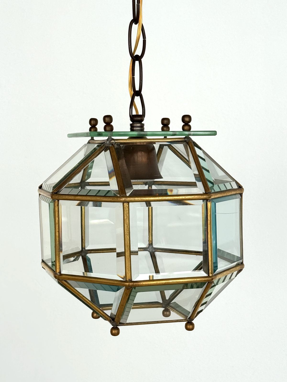 740.0 Italian Midcentury Brass And Cut Glass Lantern Or Pendant Lamp, 1960s photo