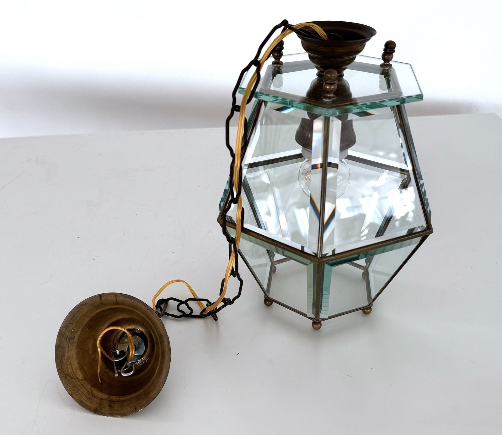 820.0 Italian Midcentury Brass And Cut Glass Lantern Or Pendant Lamp, 1960s photo