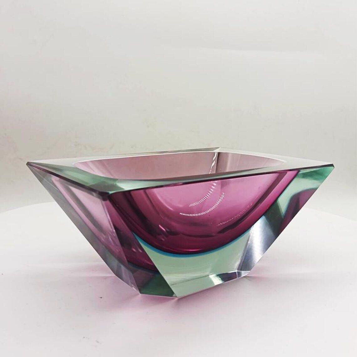 1960s Big Rare Pink Multifaceted Rectangular Ashtray Or Catch All In Murano By Flavio Poli For Seguso. Made In Italy. photo furniture