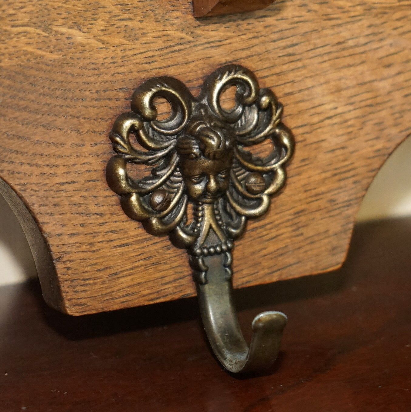 Furniture Antique Dutch Finely Carved Oak Coat Hat Scarf Wall Rack Hanger French Hooks photo