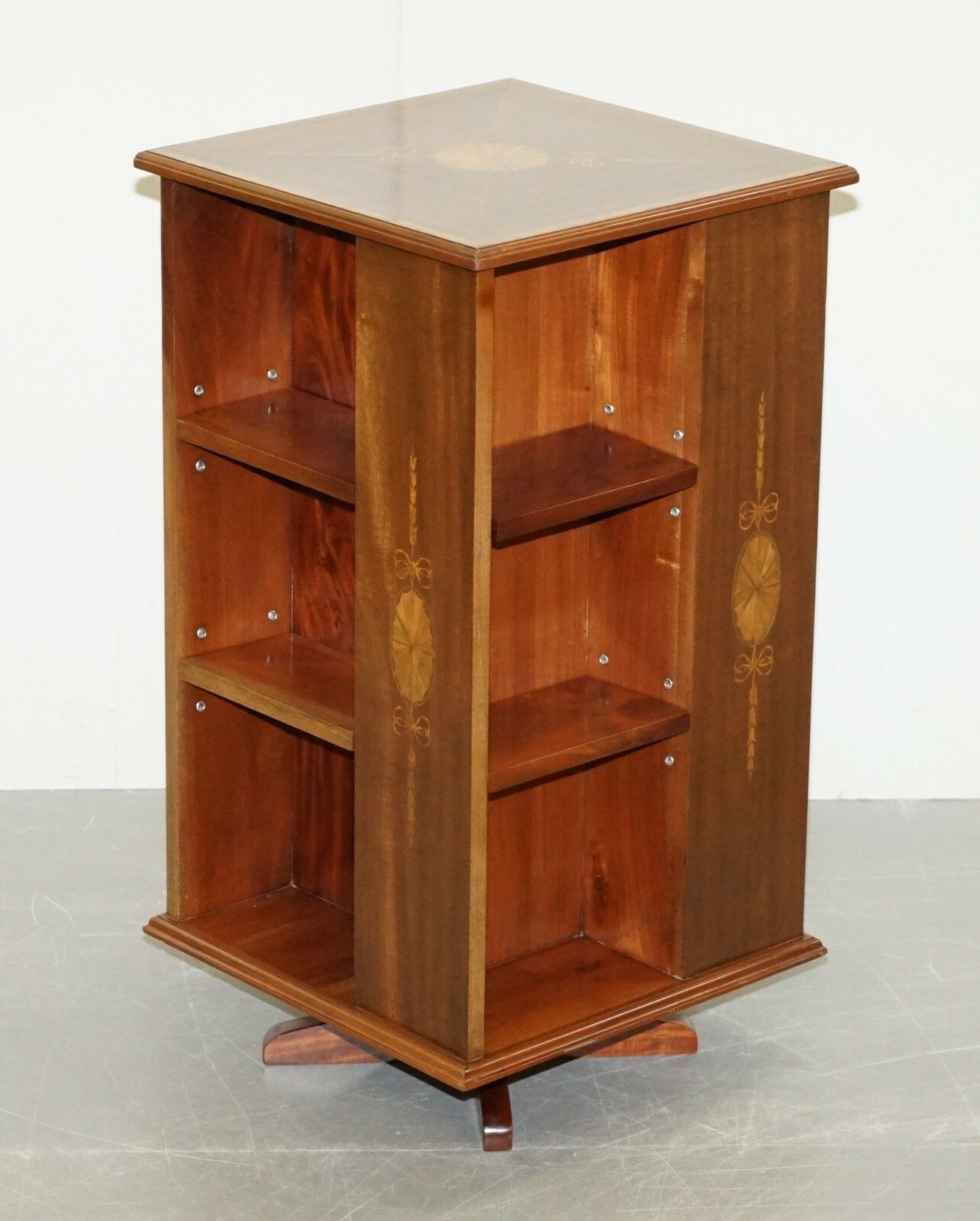 Circa 1900 Edwardian Burr Walnut & Mahogany Revolving Bookcases Sheraton Inlaid photo for sale