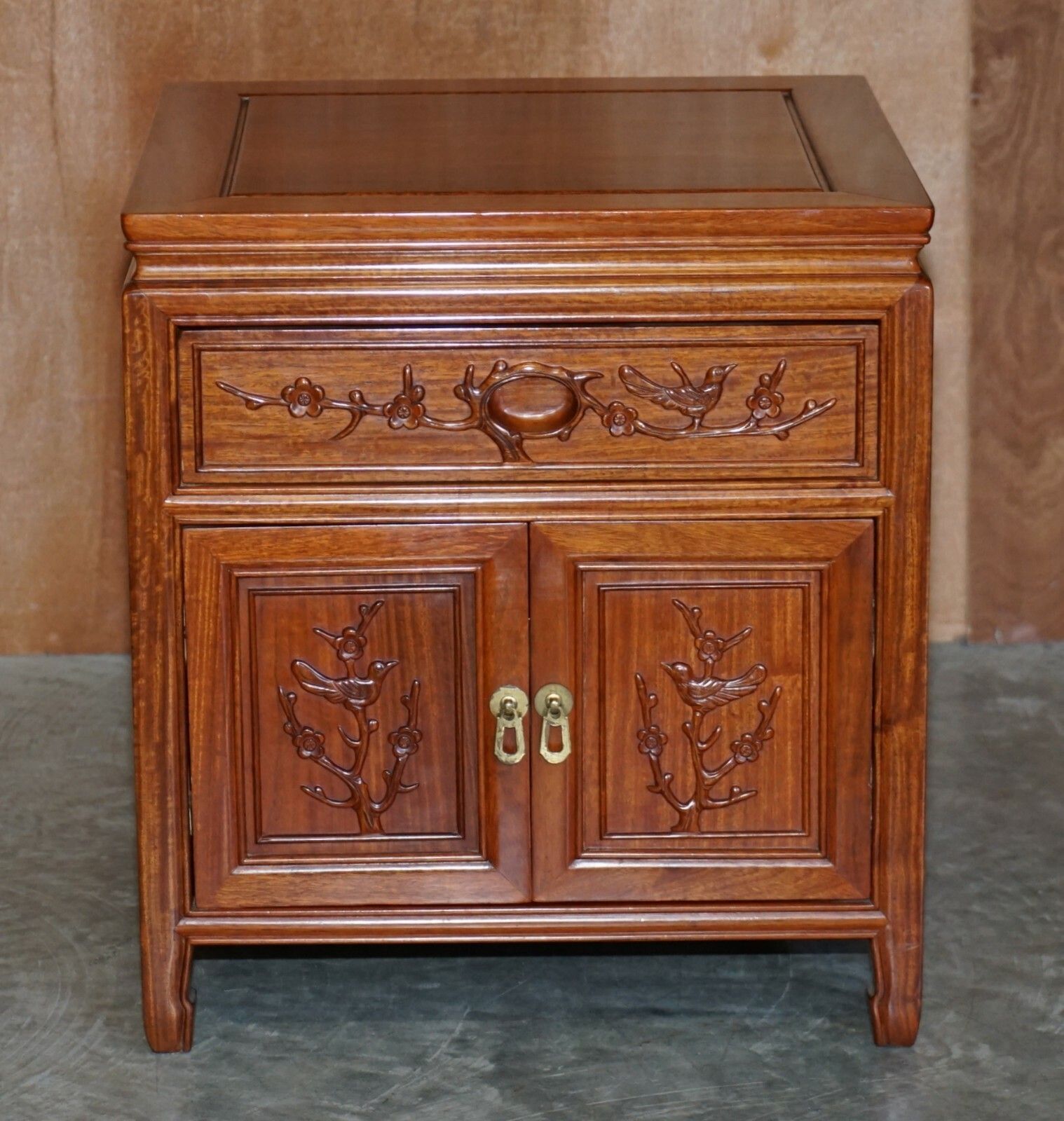 Furniture Pair Of Oriental Teak Side End Lamp Wine Tables Drawers With Birds & Flowers photo