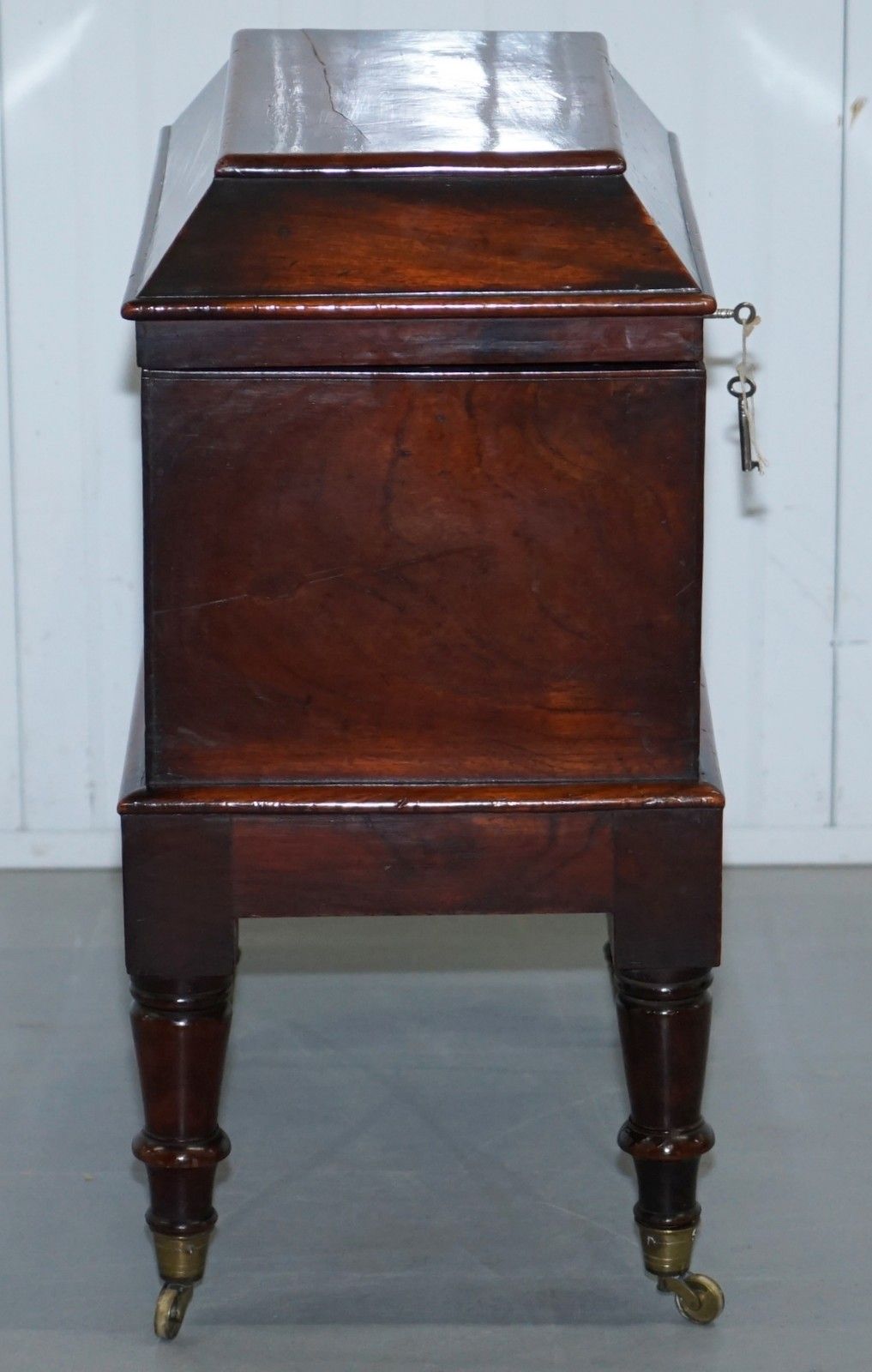Furniture Very Rare Regency Mahogany Cellarette Of Sarcophagus Form Raised On Turned Legs photo