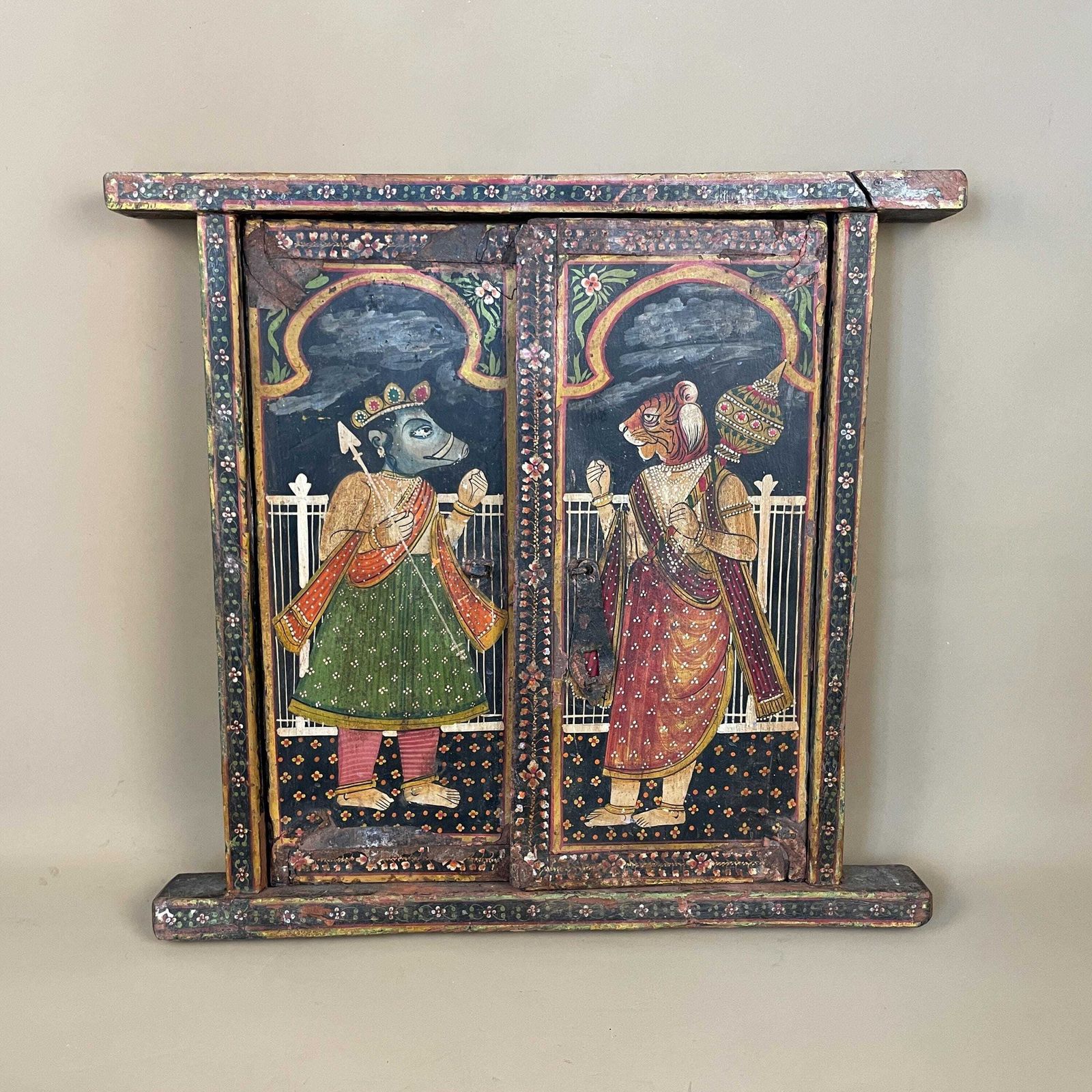 Indian Radha Krishna Bikaner Window Hand Painted Decorative Artwork Wooden Traditional Hindu Mythology Shutters Rustic Antique