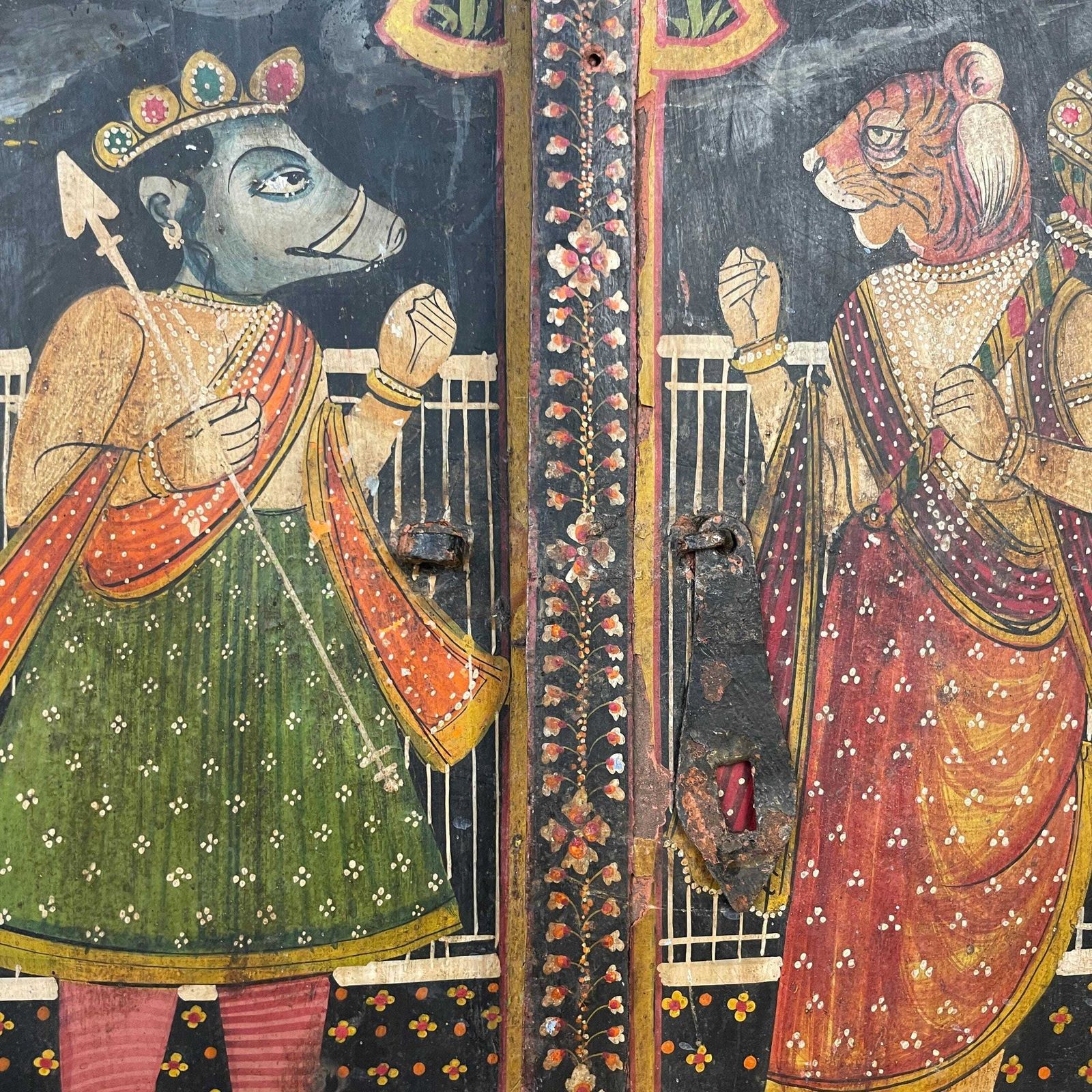 Indian Radha Krishna Bikaner Window Hand Painted Decorative Artwork Wooden Traditional Hindu Mythology Shutters Rustic Antique photo 195.0