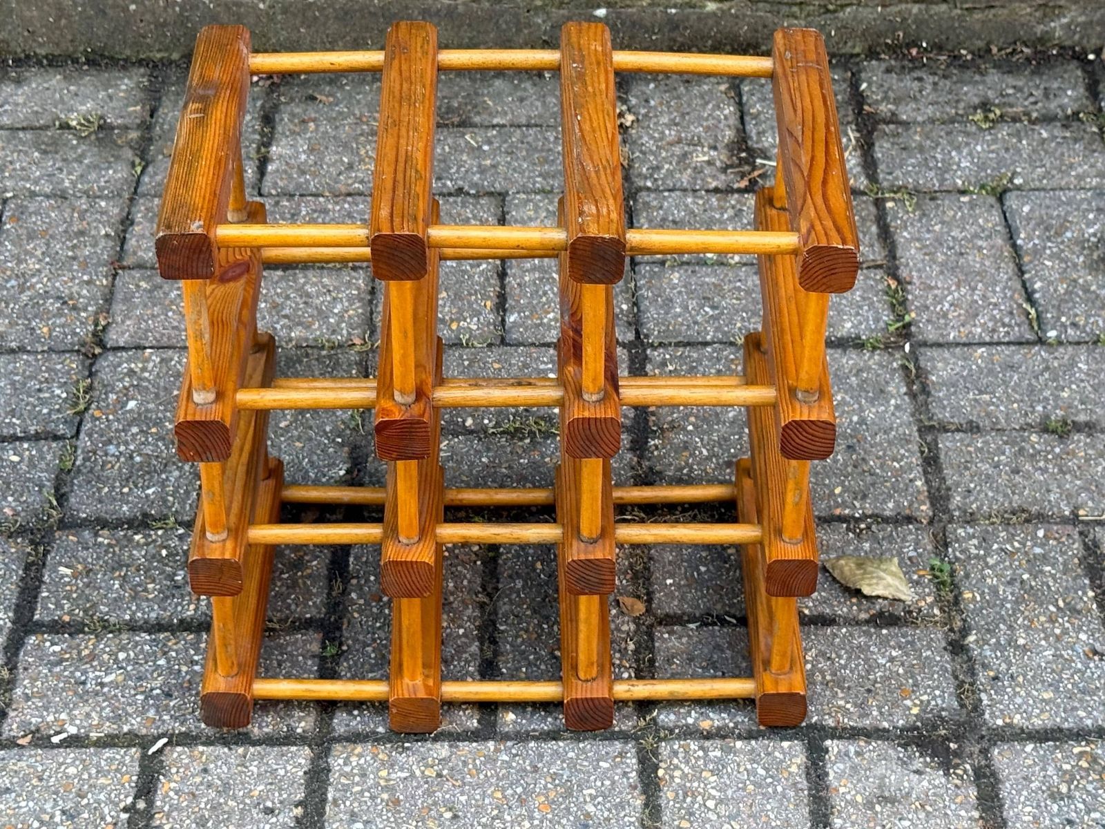 Vintage 1970s Pine Wine Rack – Rustic 9 Bottle Wooden Storage Holder – Retro Mid Century Kitchen Or Home Bar Decor photo furniture