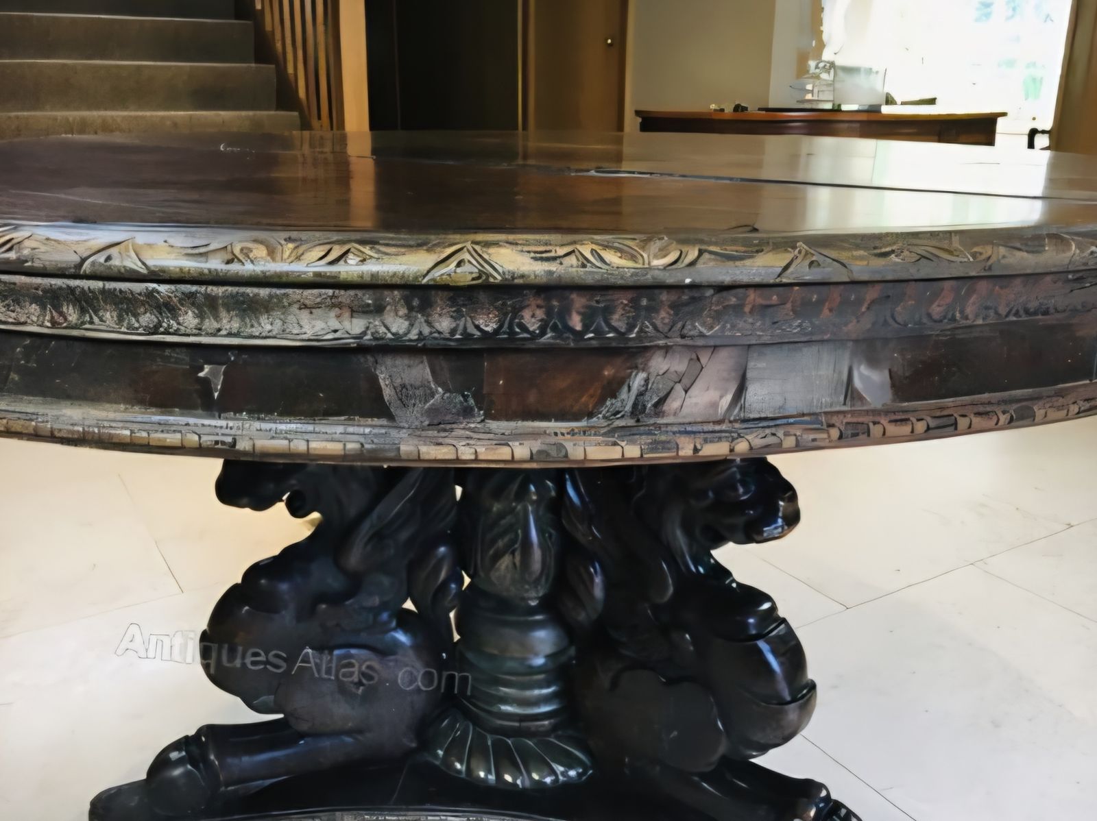Magnificent "Statement Piece" Antique Italian Walnut Carved Griffin Circular Dining Table C.1840. photo furniture