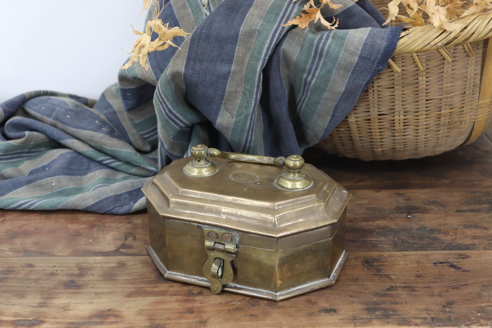 19th Century Indian Brass Betel Nut Box With Carved Inscription photo buy