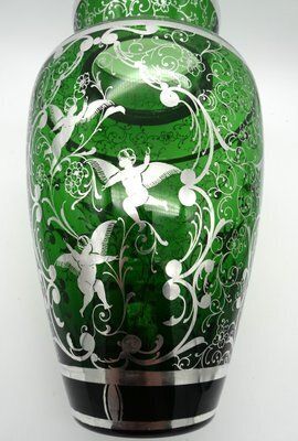 Large Venetian Emerald Green Glass Vase With Silver Overlay Decorations, 1930s photo 1027.0