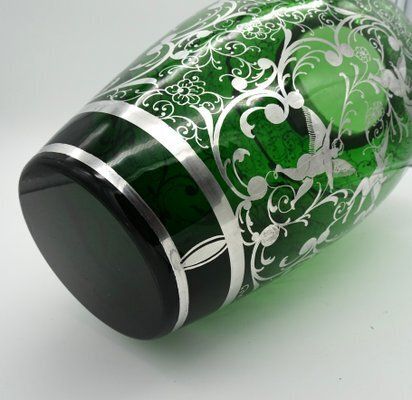 Large Venetian Emerald Green Glass Vase With Silver Overlay Decorations, 1930s photo vinterior