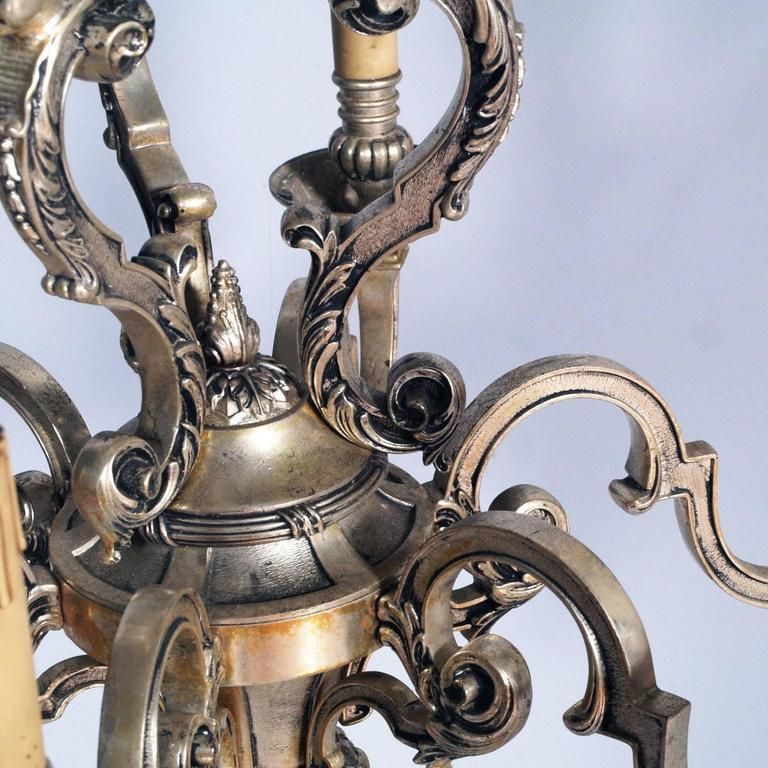 Antique Six Lights Silver Plated Heavy Bronze Chandelier Baroque Louis XIV, 1890 photo vinterior