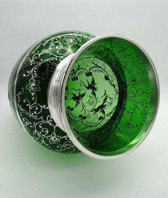 photo furniture Large Venetian Emerald Green Glass Vase With Silver Overlay Decorations, 1930s