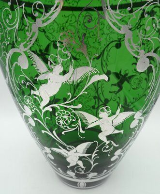 photo vinterior Large Venetian Emerald Green Glass Vase With Silver Overlay Decorations, 1930s