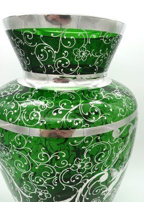 photo vintage Large Venetian Emerald Green Glass Vase With Silver Overlay Decorations, 1930s