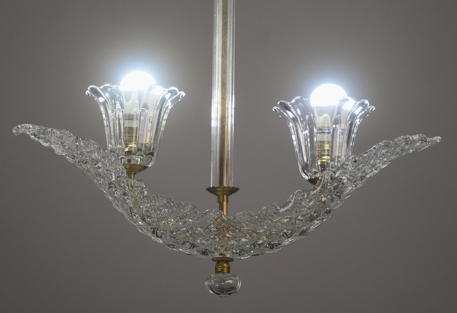 Elegant 2 Cup Barovier Art Deco Chandelier, Murano Glass, Brass Structure 1940s photo buy