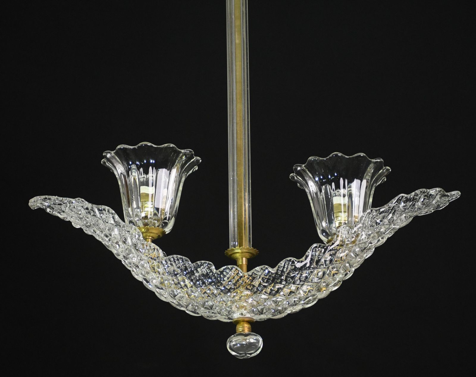 Elegant 2 Cup Barovier Art Deco Chandelier, Murano Glass, Brass Structure 1940s photo vintage