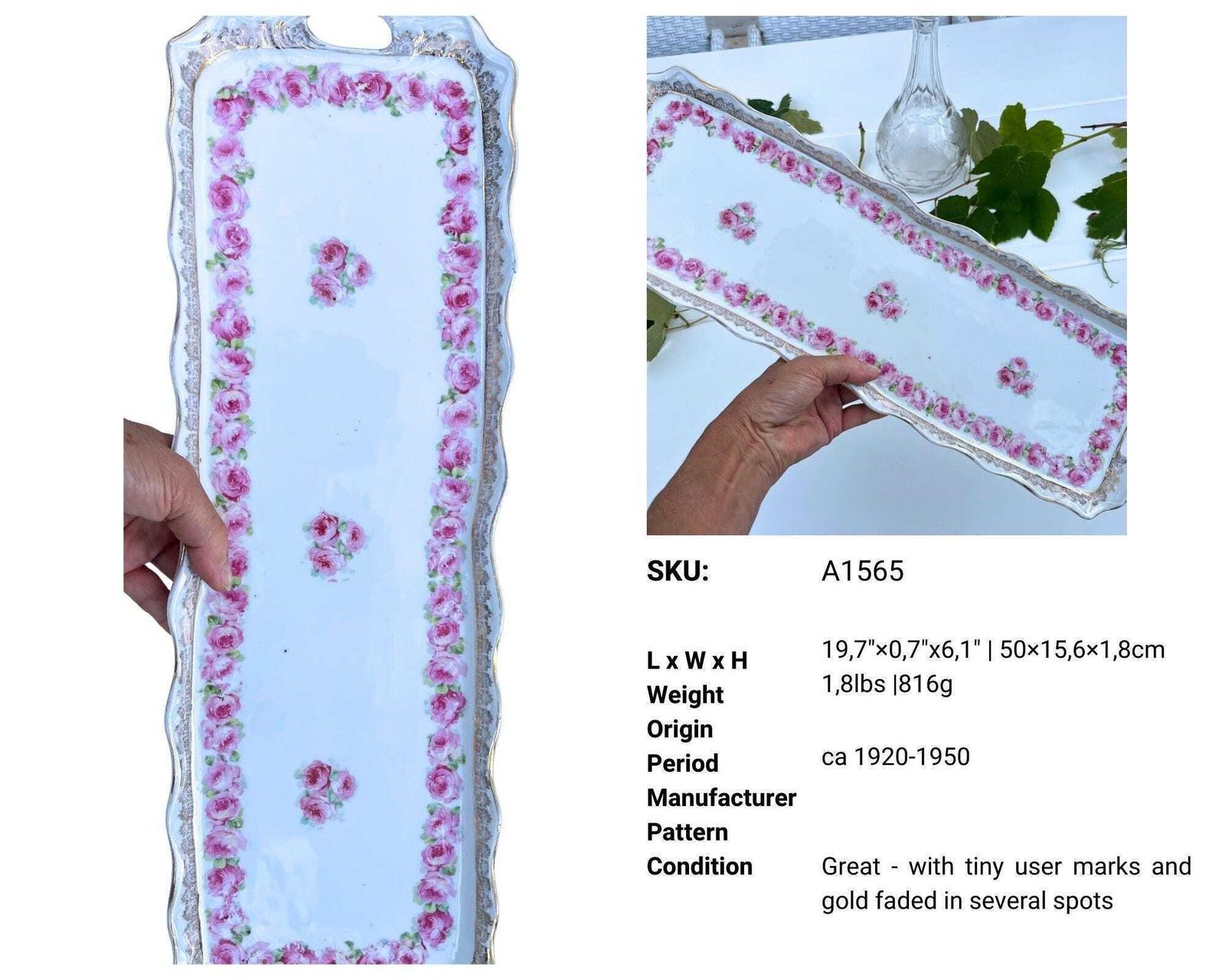 Rectangular Porcelain Tray | Xxl | Hand Painted White & Roses photo vintage