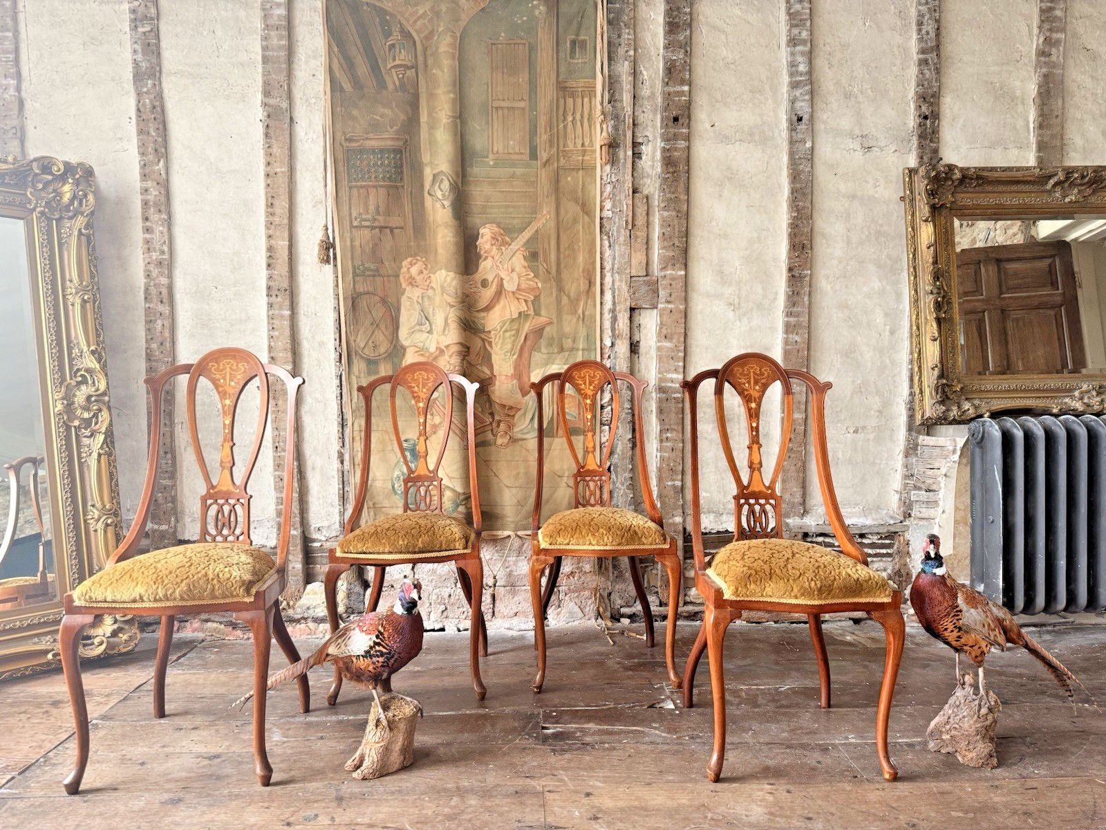 Quality Antique Set 4 Edwardian Rich Gold  Inlaid Mahogany Dining Chairs C 1900