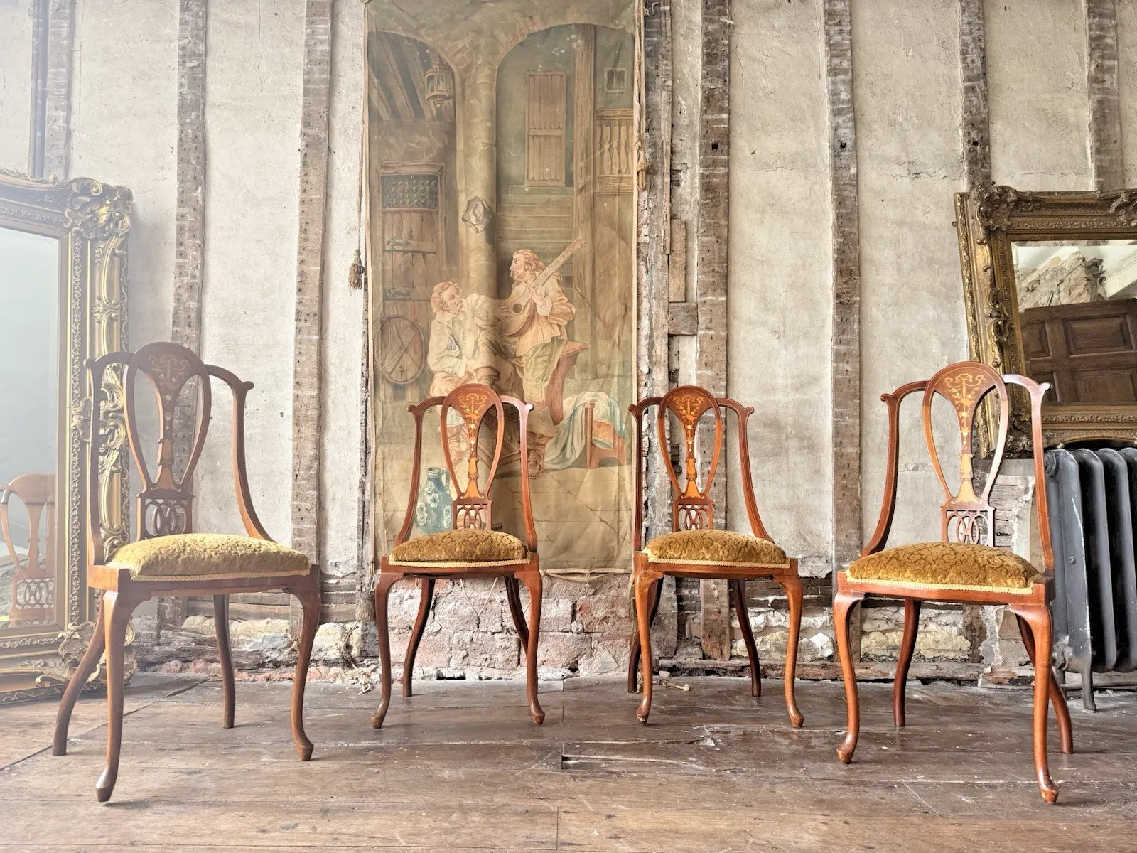 Quality Antique Set 4 Edwardian Rich Gold  Inlaid Mahogany Dining Chairs C 1900 photo vinterior