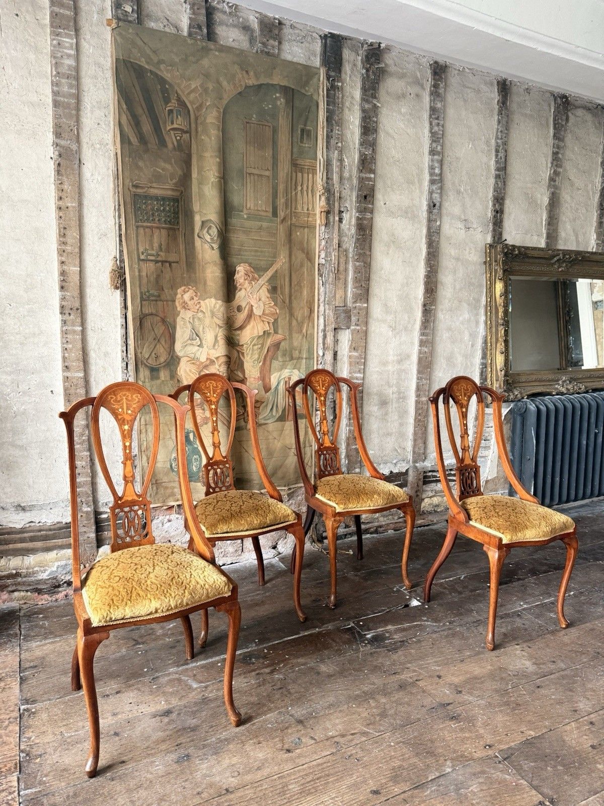 499.0 Quality Antique Set 4 Edwardian Rich Gold  Inlaid Mahogany Dining Chairs C 1900 photo