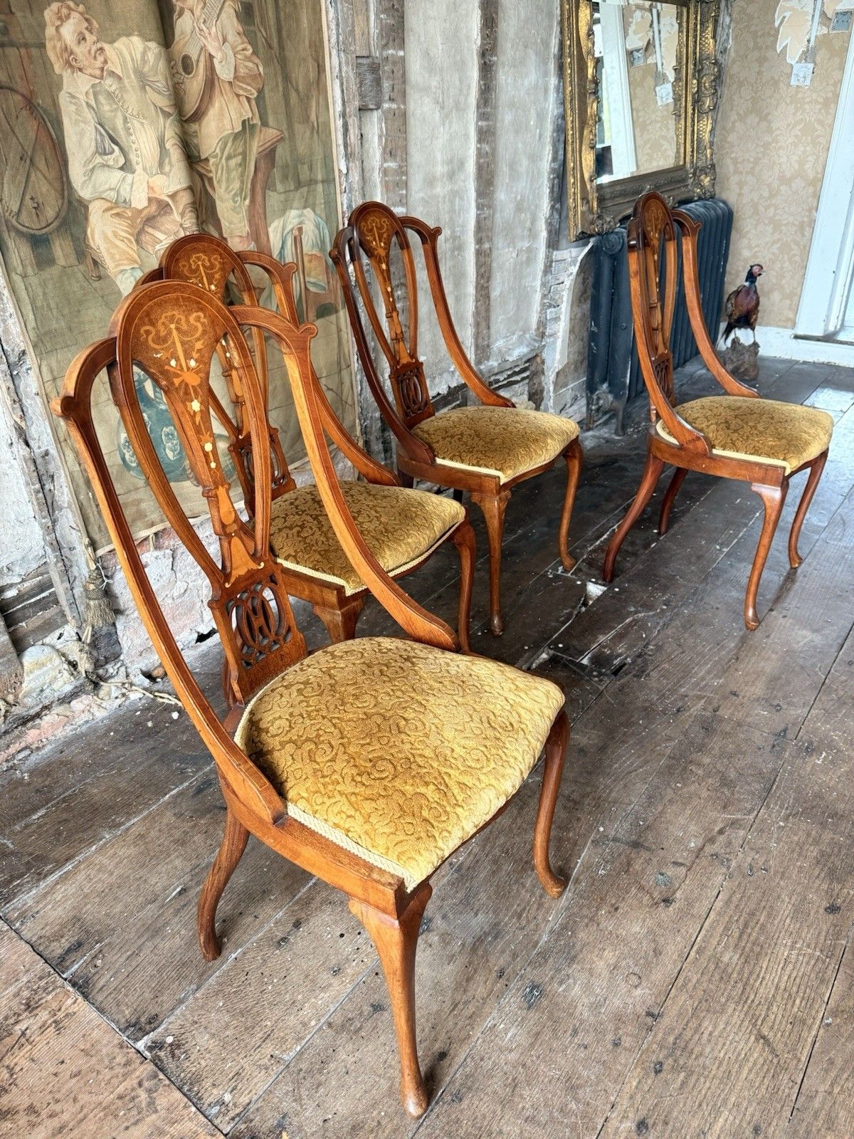 photo vinterior Quality Antique Set 4 Edwardian Rich Gold  Inlaid Mahogany Dining Chairs C 1900