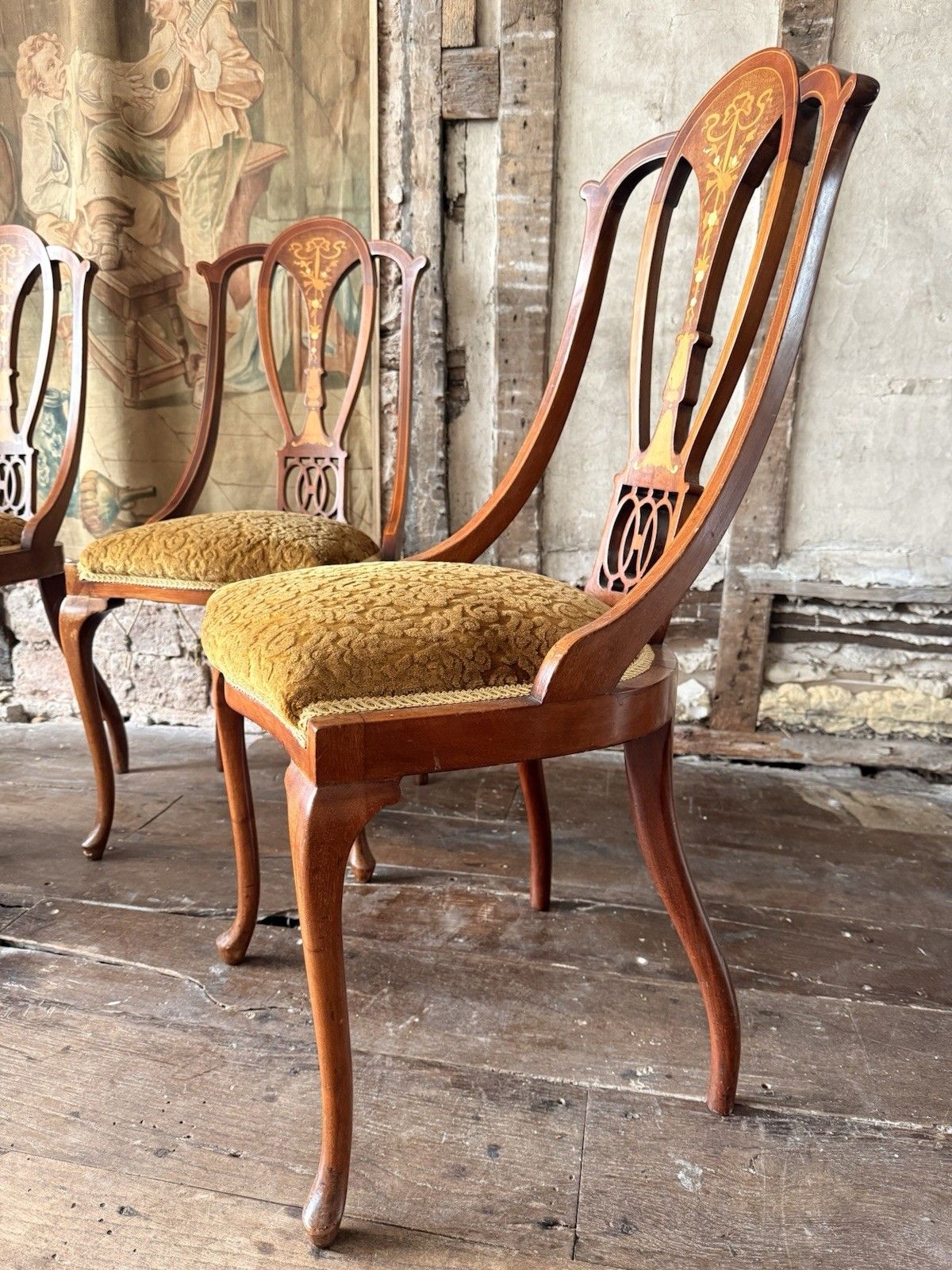 photo buy Quality Antique Set 4 Edwardian Rich Gold  Inlaid Mahogany Dining Chairs C 1900