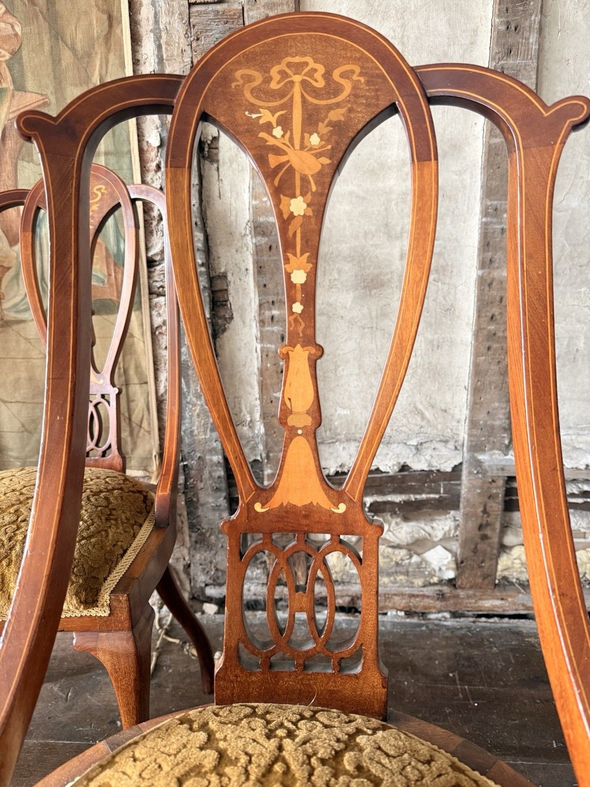 photo vintage Quality Antique Set 4 Edwardian Rich Gold  Inlaid Mahogany Dining Chairs C 1900